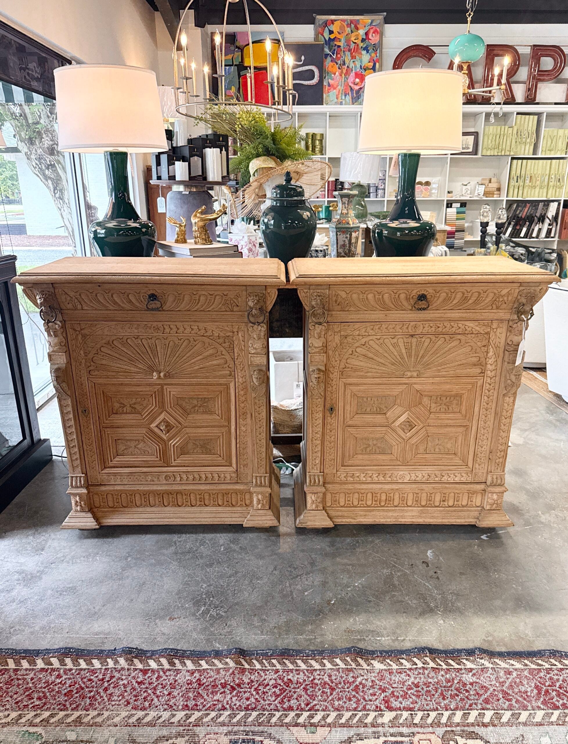 pair of oak neo renaissance cabinets